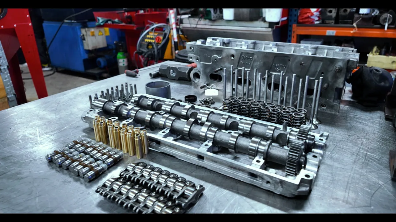 Demonterat topplock med kamaxlar, ventilfjadrar och ventilstyrningar pa verkstadsbanken hos Meksta